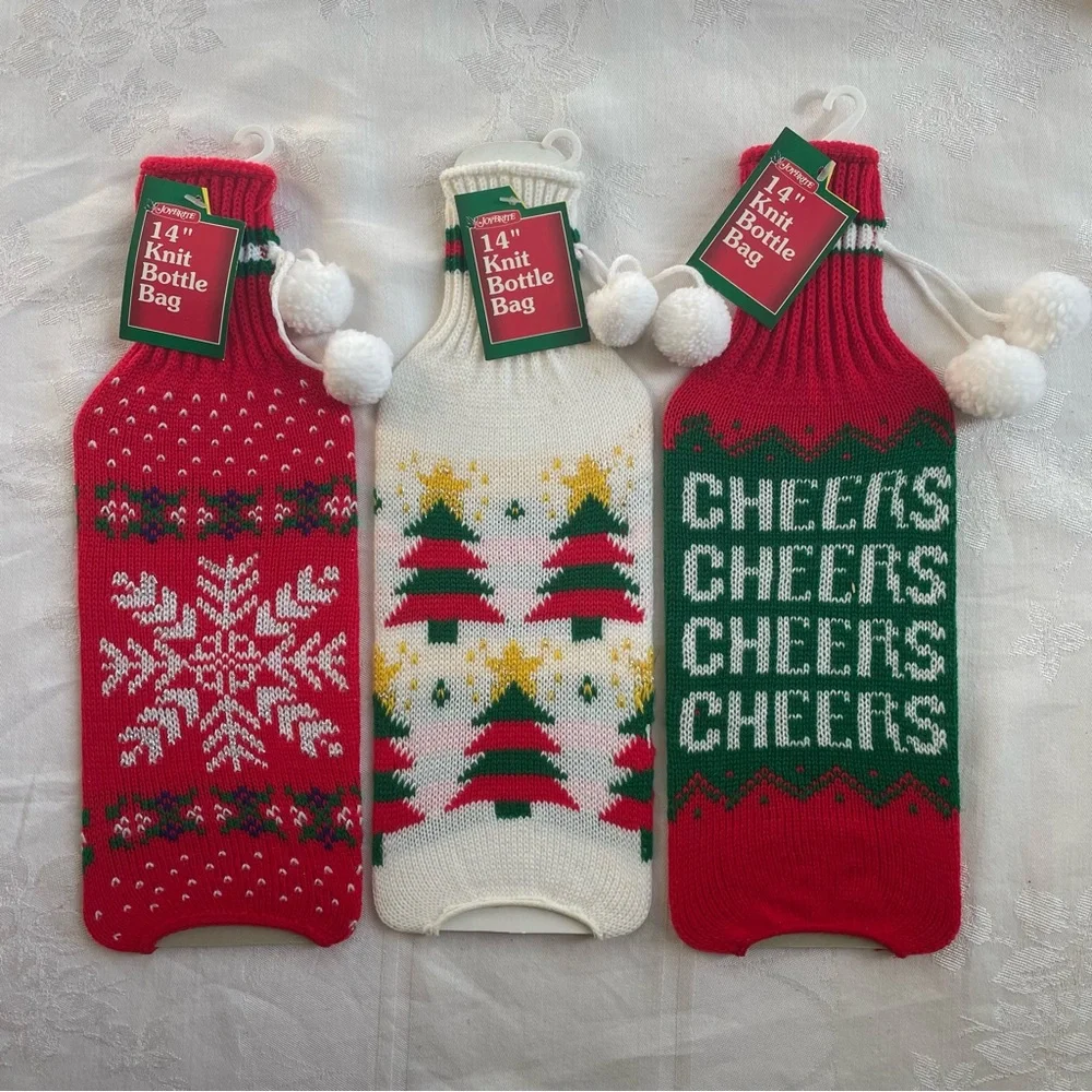 Vtg Ugly Christmas Sweater Knit Bottle Covers Gift Bags w Pom Poms Set of 3 NOS